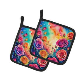 Colorful Roses Pair of Pot Holders Kitchen Heat Resistant Pot Holders Sets Oven Hot Pads for Cooking Baking BBQ, 7 1/2 x 7 1/2