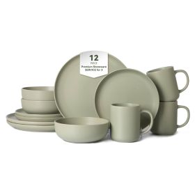 12-Piece Stoneware Dinnerware Sets with Mugs | Microwave & Dishwasher Safe | Non-Toxic Dinner Plates Bowls Set | Stackable Matte Glaze Kitchenwar (Main Color: Green, Main Material: Stone)