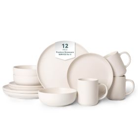 12-Piece Stoneware Dinnerware Sets with Mugs | Microwave & Dishwasher Safe | Non-Toxic Dinner Plates Bowls Set | Stackable Matte Glaze Kitchenwar (Main Color: White, Main Material: Stone)